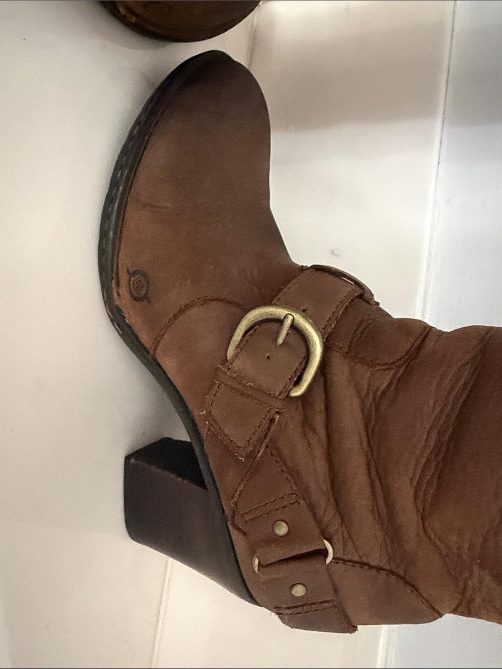 Born Cognac Leather Knee-High Heeled Boots with Buckle - Picture 4 of 9